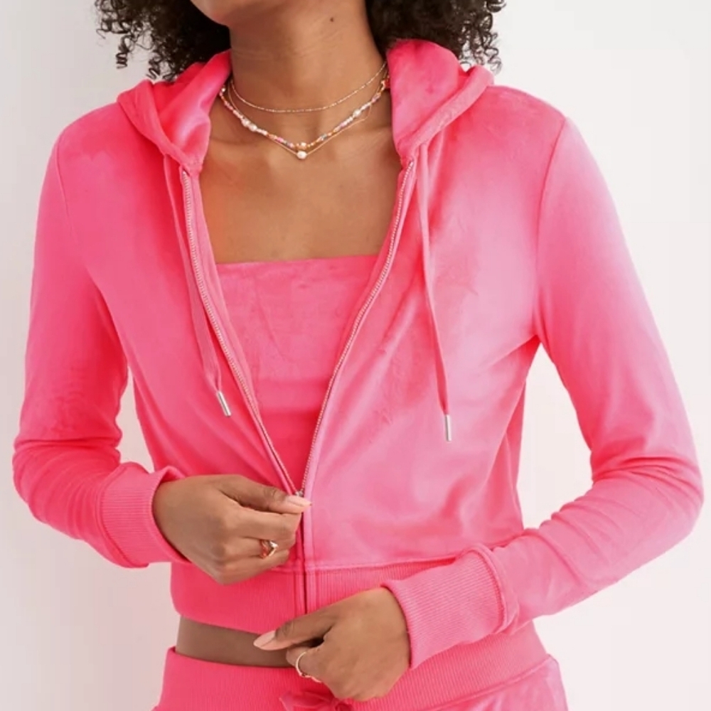 NWT Aerie Dreamy Velour Cropped Fitted Hoodie Full Zip Pink Thumbhole XS